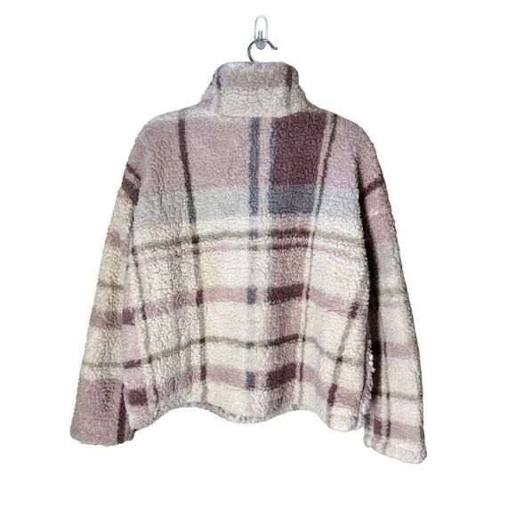 Thread & Supply Faux Sherpa Teddy Jacket 1/4 Zip Mauve Plaid M - Picture 3 of 13